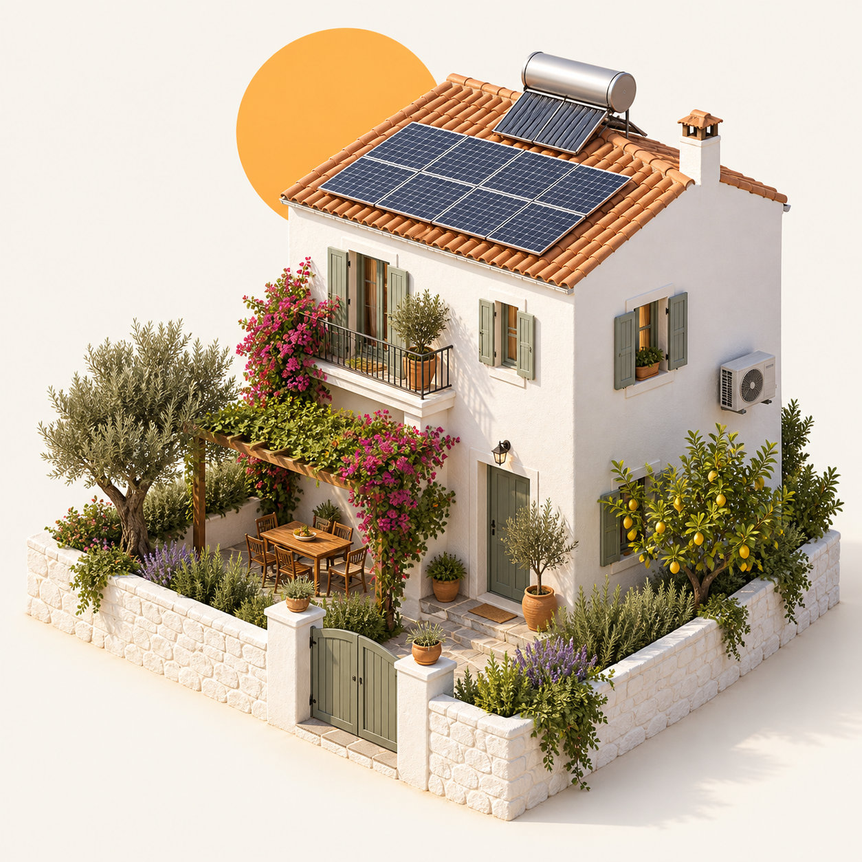 Ilustración arquitectónica de una vivienda con placas solares, agua caliente solar y aire acondicionado